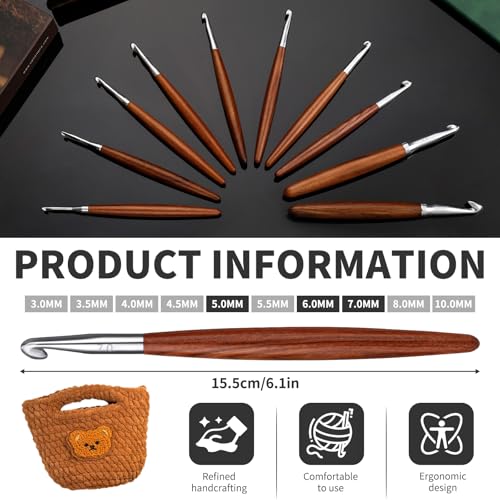Lunarm Crochet Hooks Ergonomic Crochet Aluminum Hooks Set Size 5mm 6mm 7mm | Wooden Crochet Hooks for Arthritic Hands DIY Craft Knitting Bouquets, Blankets, Hats, Gloves - size: 3 Pack -5.0/6.0/7.0