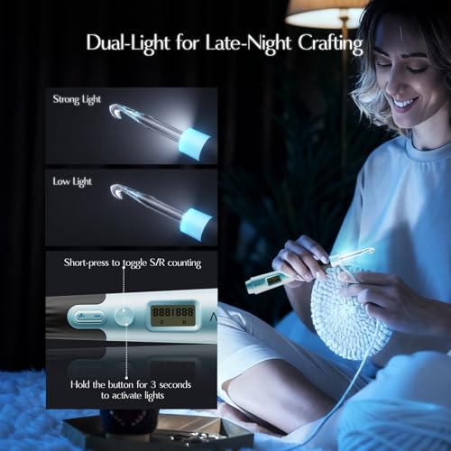 Votris 18 in 1 Counting Crochet Hooks, Light up Crochet Hook Set | Digital Stitch Counter 2.0-14.0mm, Rechargeable & Interchangeable Heads Lighted Crochet Hook, Ergonomic Handles for Beginner - color: Mint Green with Counter