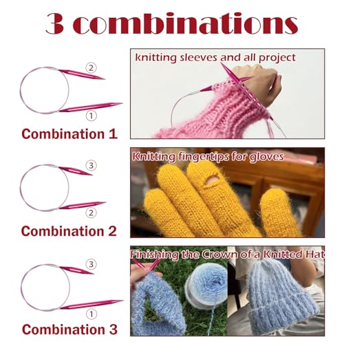 Lewhoo 11 Pairs Circular Knitting Needles Set with 5 Cables 3.0~8.0mm | 3 Length Interchangeable Aluminum Circle Needles with Case Multicolored - color: multicolored