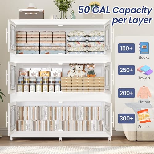 200Gal Extra Large Stackable Storage Bins with Lid & Doors & Wheels, 200QT/50GAL 4-Tiers Collapsible Closet Organizers Plastic Boxes Drawers Containers for Home Kitchen Bedroom, White - color: White, size: 50Gal-4Pack