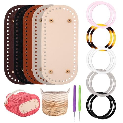 17 Pcs Purse Handles & Bases Set Includes 5 Pcs Leather Purse Bottoms for Crocheting 2 Pcs Acrylic Round Shape Bag Handles 2 Pcs Crochet Hook Crochet Bag Kit for Christmas Gifts - color: Round