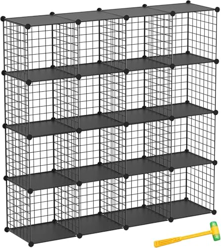 Wire Cube Storage Organizer, Metal Storage Shelves Bookshelf, Stackable Modular Closet Organizer for Bedroom Living Room, Office,Storage Shelves（16-Cube，Black） - color: Black Plus Iron, size: 16 Cubes