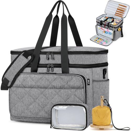 Crochet Organizer Bag with Yarn Holder, Large Yarn Storage for Accessories | 3PCS Crochet Knitting Bag with Accessory Pouch for Hooks, Needles, Travel Tote, Crochet Lovers, Gift for Crafters, No-Tangle - color: Gray
