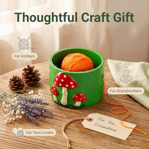 Green Resin Mushroom Yarn Bowl Holder with Dual Holes for Knitting Crochet | Green resin mushroom yarn storage bowl with side outlet holes to keep yarn smooth and tangle-free for knitting and crochet.