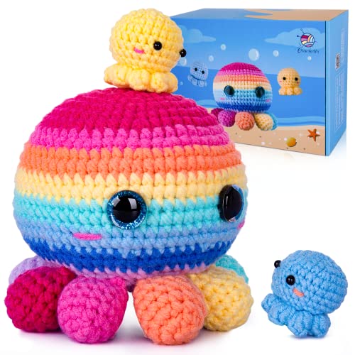 Crochetta Crochet Kit for Beginners, Crochet Kit Step-by-Step Video Tutorials, Crochet Starter Kit Learn to Crochet Kits for Adults Kids Beginners, Jumbo 3 Colorful Octopus Familly (40%+ Yarn Content) - color: Octopus Family