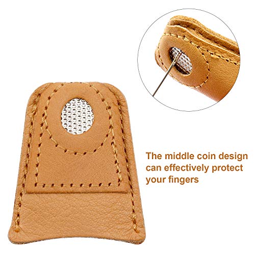 WILLBOND 4 Pcs Leather Thimble Finger Protector for Hand Sewing, 2 Sizes | Coin Shape, Quilting Knitting Needlework Use, Soft Cowhide, Fits Most Fingers, 2 Pcs Each Size