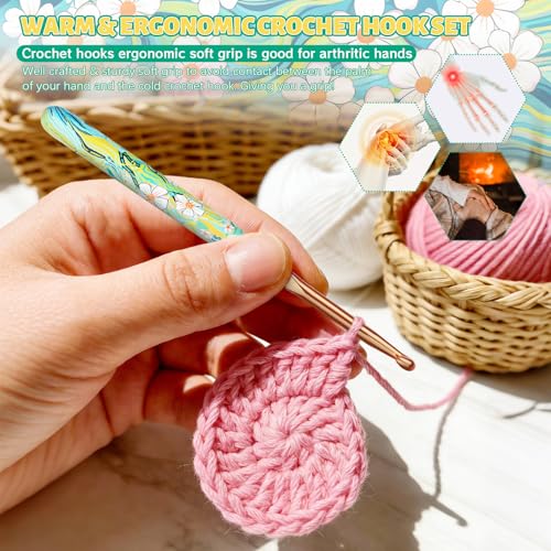 Coopay Warm Crochet Hooks Comfort Grip Longer Aluminum Crochet Hook Set | 9pcs 2.0mm-6.0mm(B-J) Smooth Crochets Needles Set for Crocheting, Green Daisy Soft Handle for Beginners and Arthritic Gifts - color: Green Daisy