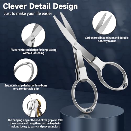 3 Pcs Folding Stainless Steel Mini Badge Scissors with 3 Keychains | Safety Foldable Pocket Travel Small Scissors All Purpose for Nurse Accessories, Travel, Office, Craft, Sewing, Home (Silver) - color: Silver