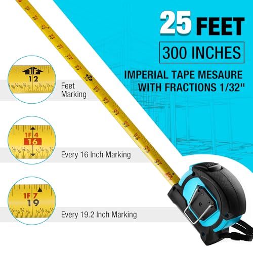 DURATECH 25FT Auto-Lock Magnetic Tape Measure, Easy Read, Double Sided | Measuring Tape with Fractions 1/8″, Measurement Tape with Minimum Scale 1/32″, Magnetic Hook, and Rubber Protective Casing
