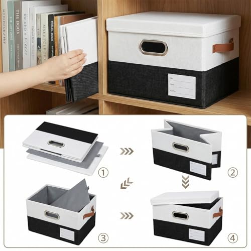 PRANDOM Storage Bins with Lids [3-Pack] Linen Fabric Foldable Storage Boxes Organizer Containers Baskets Cube with Cover for Bedroom Closet Office Black & White（11.4X8.6X6.7 - color: Black & White, size: S(3-Pack)