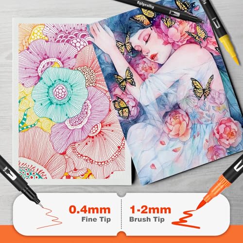 Eglyenlky Dual Brush Pens, Markers for Adult Coloring Book,100 Water Colors | Art Pens with Fine Point Markers and Brush Tip for Adult Kids Drawing (Black Set) - color: 100 Colors-Cloth Bag