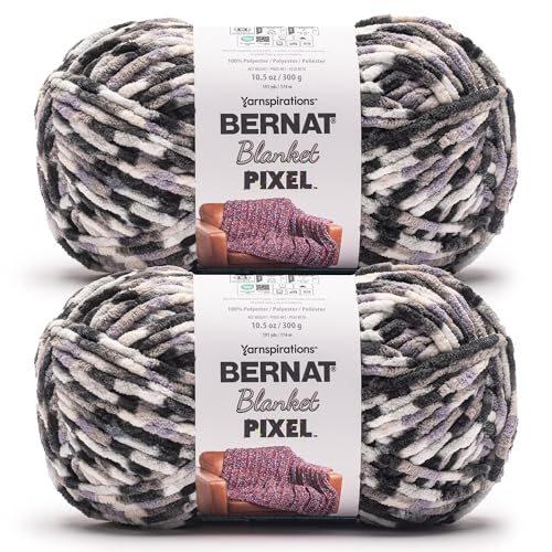Bernat Blanket Pixel Chenille Crochet Yarn, Gray Days, 2-Pack | #6 Super Bulky Yarn, 100% Polyester, Pixel Stripe Blanket Yarn for Crochet, Knitting & Crafts, 191yds, 300g/10.5oz per skein - color: Gray Days