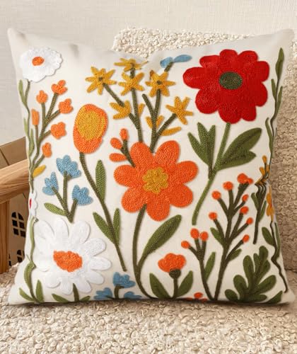 Embroidered Throw Pillow Cover 20x20 Inch, Flower Cluster | Decorative Pillow Cover, Floral Farmhouse Cushion Case with Hidden Zipper, Home Decor for Couch, Sofa, Living Room, Bedroom - color: Flower Cluster, size: 20" x 20" (Pack of 1)