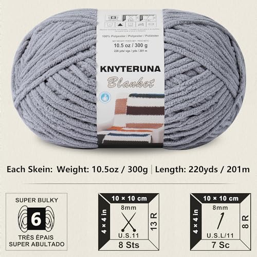 #6 Super Bulky Blanket Yarn for Crocheting - 4 Skeins(Each 10.5oz/300g, 220yds/201m), Chunky Chenille Thick Plush Big Soft Yarn for Crocheting Knitting Blankets, Light Grey - color: Light Grey