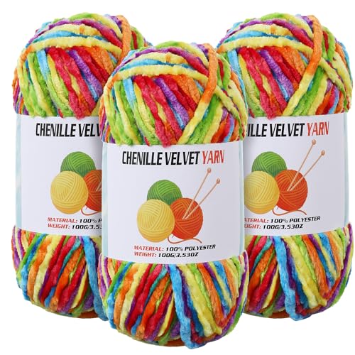 3 * 100g Velvet Chenille Chunky Yarn for Crocheting, Handcrafts Weaving Soft Chenille Yarn for Crocheting Clearance, Used for Making Baby Yarns Blanket, Clothes, Knitting Creations (Bright Rainbow) - color: Bright Rainbow