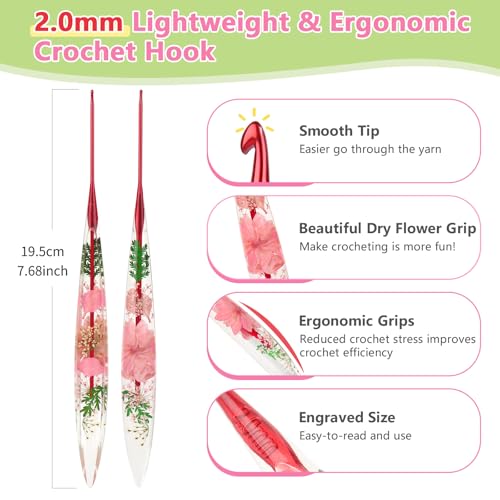 Katech 2.0mm Crochet Hook for Arthritic Hands, Long Aluminum Inline Hooks | Ergonomic Crochet Hooks with Dried Floral Grip-Elegant & Unique, Smooth Crochet Needle-Crochet Gift for Beginner&Crocheter - size: 2.0mm