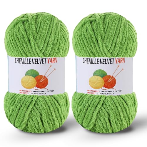 2 * 100g/3.5oz Fluffy Chenille Yarn for Crocheting, Chunky Velvet Yarn for Crochet Amigurumi, Used for Making Baby Yarns Blanket, Clothes, Pattern Knitting Creations (Grass Green) - color: Grass Green