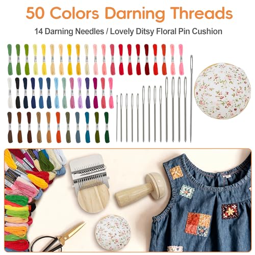 Mini Darning Loom,Handcraft DIY Weaving Repair Darning Kit for Beginner | Mushroom Knit Patch Kit with 14 Hooks Small Weaving Loom 14 Large Eye Needles 50 Color Threads 1 Floral Print Cushion - color: Mushroom-14 Hook
