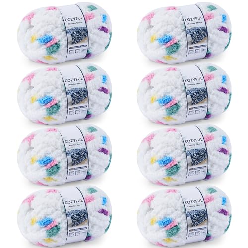 Cozyful Chunky Yarn for Hand Knitting - #10 Chunky Chenille Blanket Yarn, Jumbo Big Thick Chunky Yarns for Crocheting, Tie Dye Bulky Knit Yarns, 8 Skein (20 yds 8 oz Each Skein), Rainbow & White - color: Rainbow & White