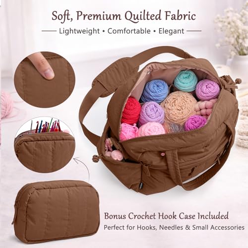 MYBAGZING Stylish Crochet Bag Organizer with Crochet Hook Case, Large Capacity Yarn Bag for Crocheting on the Go, Soft Quilted Crochet Tote with 7 Compartments, Knitting Project Carry-On Travel Gift - color: Brown