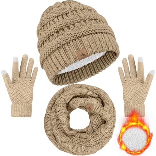 LOROME Winter Beanie Hat Scarf Gloves, Warm Fleece Knit Neck Scarf Set Gift | Hats Gloves Scarf Set, Touchscreen Gloves, Universal Size Neck Scarf Set Winter Gifts for Unisex Adult Winter Wear - color: Light Khaki