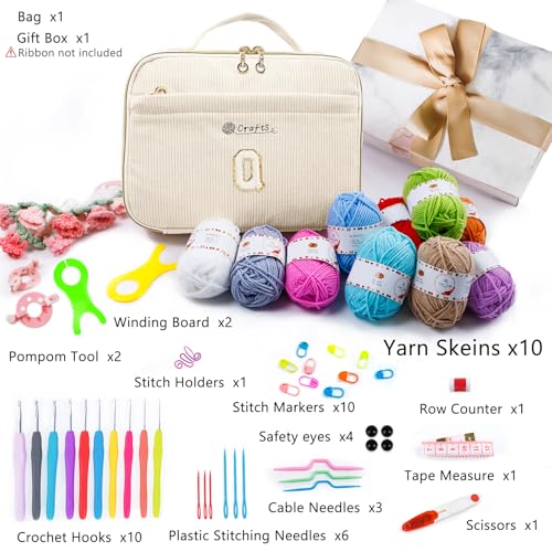 MYBAGZING Initial Crochet Kit for Beginners with Yarn Storage Bag, 10pcs Crochet Hooks 2.0-6.0 mm, 10 Skeins Yarn for Crocheting, Knitting Accessories, 58pc Crochet Starter Kit for Adults - size: Q