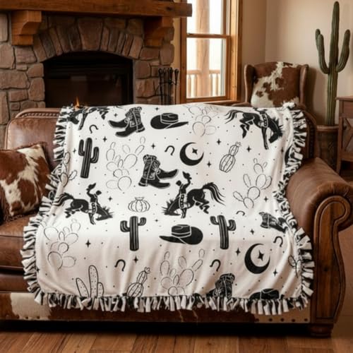 Chumia 2 Pcs/1 Set Western Theme Party Tie Blankets Craft Kit 57 x 57 Inch Midnight Rodeo DIY No Sew Fleece Blanket No Sew Fabric Cowboy Cowgirl Tie Knot Throw Craft Gift for Adult Western Party Favor - style: Western Cowboy