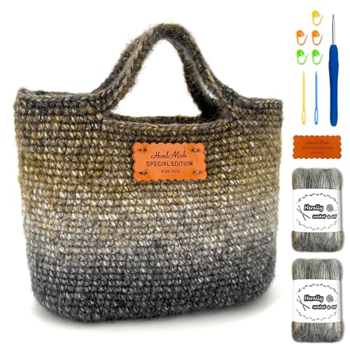 Herally Crochet Kit DIY Bag for Beginners - Crochet Picotin Bag (Brown) | Include Yarn, Hook and Accessory - with Step by Step Video Tutorials - color: browncream