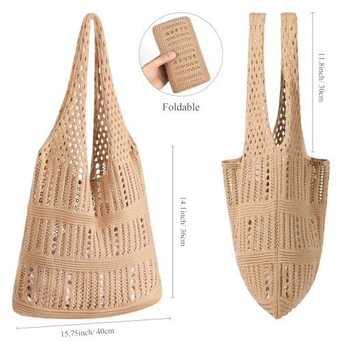 WantGor Crochet Bags, Beach Mesh Tote Bag Womens Shoulder Shopping Handbag | Casual Travel Totes Bag Foldable Hobo Bags - color: Brownish Yellow