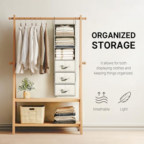 Vailando 6-Shelf Hanging Closet Organizer with 3 Fabric Drawers, Beige | Removable Fabric Drawers, Side Pockets, Reinforced Structure, Space-Saving Storage for Clothes, Nursery and Dorm Rooms - color: Beige, size: 6-Shelf Inseparable