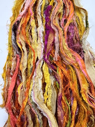 Maker's Craft Recycled Fuzzy Fringes Sari Silk Ribbon Yarn 35yards, 100Grams for DIY Knitting Crocheting Gift Wrapping, Christmas Decoration, Macrame Makers, Jewelry Making, Rugs Hooking (Yellow) - color: Yellow