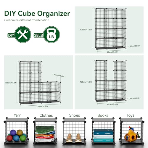 Wire Cube Storage Organizer, 12-Cube Metal Storage Shelves Bookshelf, Stackable Modular Closet Organizer for Bedroom Living Room, Office,Storage Shelves - color: Black Plus Iron, size: 12 Cubes