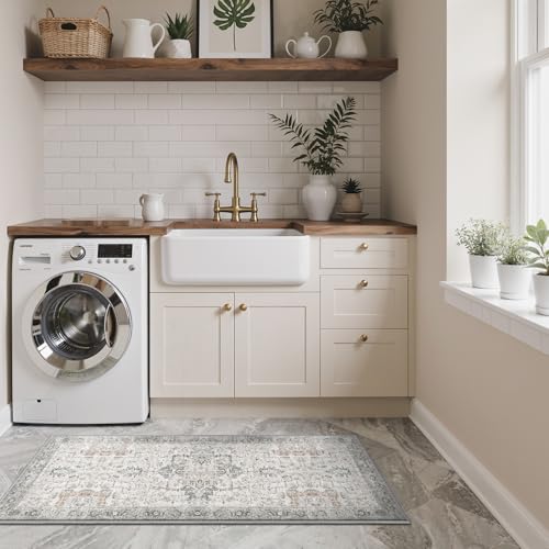 GENIMO Kitchen Rugs Set of 2, Washable Non Slip Cushioned Mats for Floor | 20"x32"&20"x59", Light Taupe Brown vintage boho rug, soft faux cashmere, easy-clean for laundry, entryway, sink, farmhouse - color: Light Taupe Brown, size: 20"x32"+20"x59"