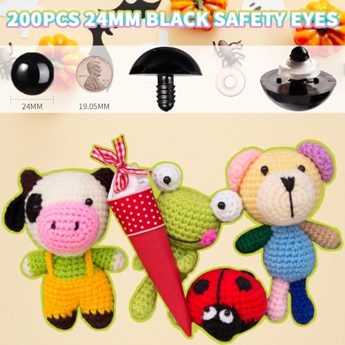 MUCUNNIA 400pcs 24mm Safety Eyes for Amigurumi with Washers Plastic Black Safety Eyes for Crochet Craft Safety Eyes for DIY Halloween Decorations Crochet Stuffed Animals Crafting Christmas Decorations - size: 24mm
