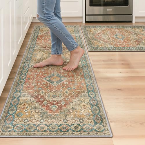 GENIMO Kitchen Rugs Set of 2, Washable Non Slip Cushioned Mats for Floor | 20"x32"&20"x59", Retrobrick vintage boho rug, soft faux cashmere, low pile, easy-clean for laundry, entryway, sink, farmhouse - color: Retrobrick, size: 20"x32"+20"x59"
