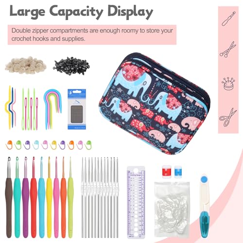 Katech Portable Travel Crochet Hooks Case w/Zippe Pocket Elephant Pattern | Hooks Organizer with Zipper, Web Pocket and Crochet Holder Slots for Knitting Accessories Needles During Tour - color: Elephant Pattern
