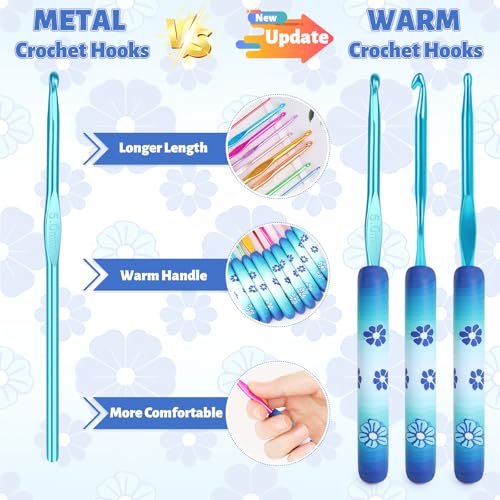 Coopay Warm Crochet Hooks Comfort Grip Longer Aluminum Crochet Hook Set | 9pcs 2.0mm-6.0mm(B-J) Smooth Crochets Needles Set for Crocheting, Blue Flower Soft Handle for Beginners and Arthritic Gifts - color: Blue Flower