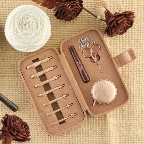 KnitPro Oasis Chunky Crochet Set - 1 Wooden Handle, 7 Hooks in Sizes 5.5mm to 10mm, 1 Rose Gold Scissors, 1 Tape Measure, 10 Metal Locking Stitch Markers, 1 Gripper - size: Chunky