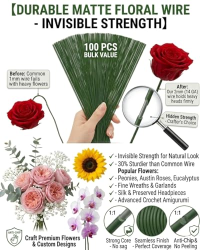 Floral Wire Stems for Flower Arrangements - 100Pcs 15.7-Inch 2mm Dark Green Craft Floral Wire, Bendable Stems for Bouquets, DIY Paper Flowers, Wedding Decor, Home Crafting