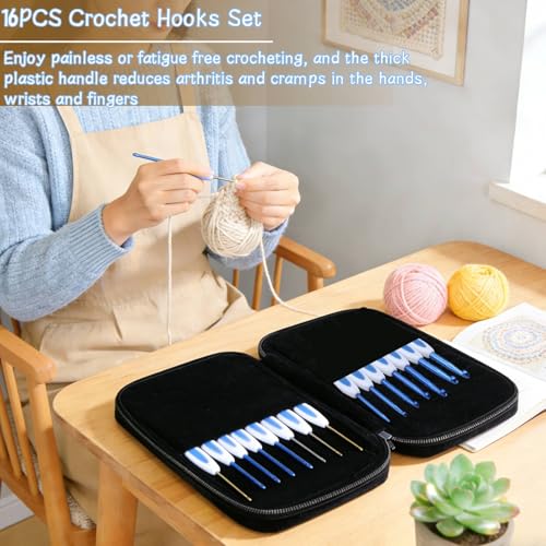 Crochet Hooks Set, 16 PCS Ergonomic Crochet Hooks Set Metal Crochet Hook Set Crochet Hooks Kit with Case Hand Knitting Yarn (Blue) - color: Blue