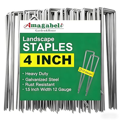 AMAGABELI GARDEN & HOME 4 Inch 200 Pack Galvanized Landscape Staples 12 Gauge Anti-Rust Heavy Duty Garden Staples Plant Cover Stakes U-Shaped Sod Pins Ground Fence Stakes for Weed Barrier Fabric - size: 4 Inch