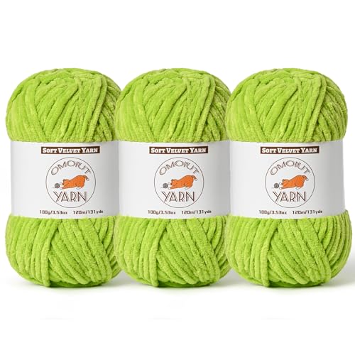 3 Pack Lime Green Fluffy Velvet Yarn for Crocheting, Chunky Chenille Baby Blanket Yarn for Crocheting, Soft Fuzzy Puzzle Yarn for Knitting, (100g/3.53oz Each) Bulky Thick Amigurumi Crochet Yarns - color: 3 Lime Green