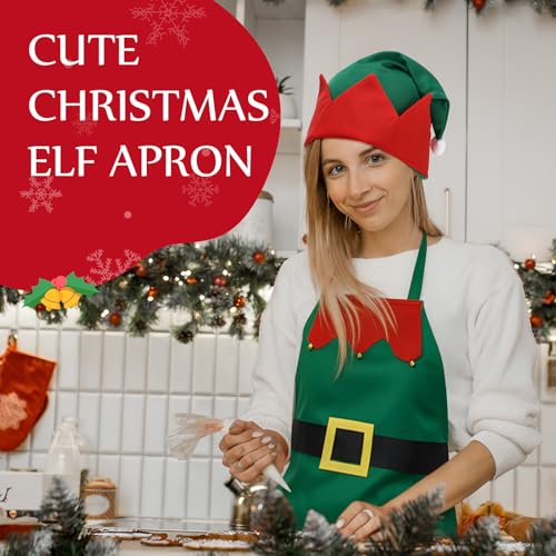Handepo 12 Sets Christmas Apron and Hat Christmas Elf Costume Kit for Adults Women Cosplay Kitchen Xmas Holiday - color: Green Red, style: Classic