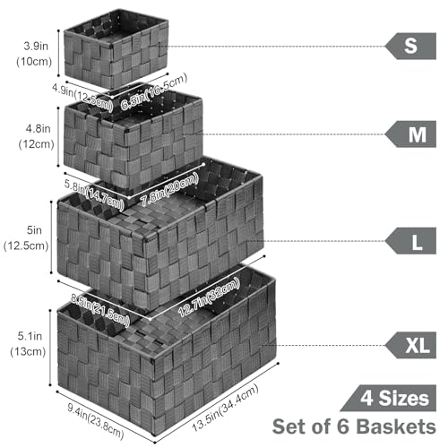 Storage Baskets: 6 Pack Stackable Woven Storage Bins, Grey | Decorative Woven Baskets for Organizing with Built-In Handles for Shelves, Closets, Cabinets and Cubbies, Gift Small Basket - color: Grey, size: 6 pack