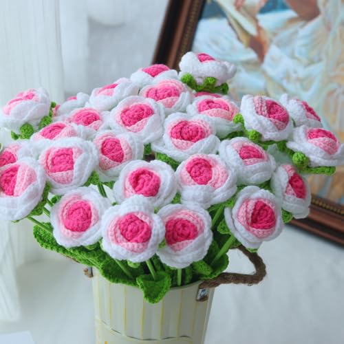 10PCS White-Pink Gradient Crochet Roses, Crochet Flowers | 16.1in x 2.36in; wool yarn bloom + thin iron-wire stem; 100% hand crochet; vase filler, DIY wreath, bouquet, home decor, gift - color: Gradient Pink