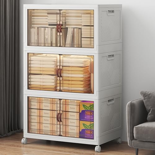 UAMFURI Stackable Storage Bins with Lids, 360QT Lockable Storage Cabinet | Folding Storage Box with Doors and Wheels, Collapsible Plastic Drawers for Home, Garage, Office - color: White, size: Large