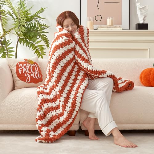 Chunky Knit Throw Blanket for Couch 50"x60", Burnt Orange & White Striped | Handmade Chenille Crochet Throw for Sofa Bed, Thick Cable Knitted Blankets for Room Home Decor, Birthday Gift for Women - color: Burnt Orange/White Stripe, size: 50"x60"