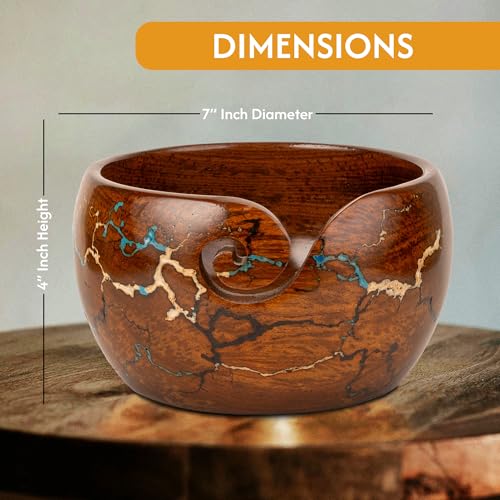 Wooden Yarn Bowl Knitting & Crochet Yarn Holder | Handcrafted Crochet Bowl with Fractal Wood Burning & Blue Resin Inlay (Blue Large 7x7x4) (Multi) - color: Multi