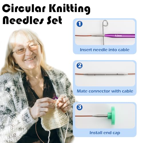 Lewhoo 9 Pair Short Circular Knitting Needles Set with 4 Cables 3.0~6.0mm | Aluminum Interchangeable Knitting Needle Purple With Case - color: Purple