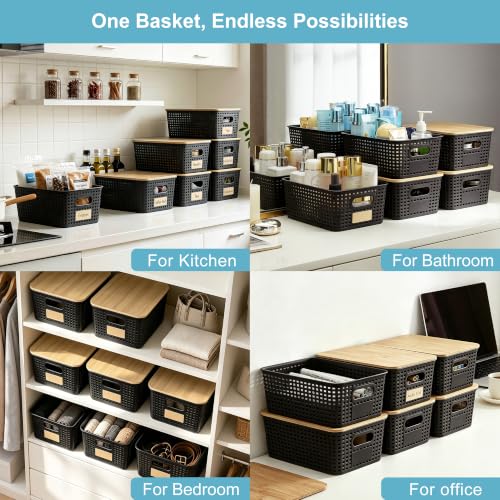 Bagnizer Small Plastic Storage Bins with Bamboo Lids 5.2qt Stackable Box Basket Pantry Decorative Containers Cute with Lable for Organizing Desktop Closet Office Black of 6 packs 10 * 7.2 * 4.1" - color: Black, size: Small- 6 Pack